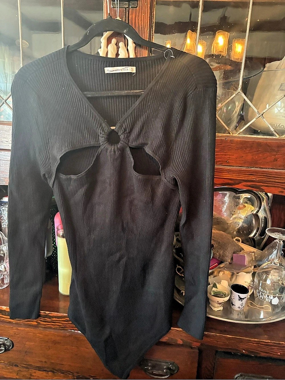 Abercrombie & Fitch Ribbed Long Sleeve O-Ring Cutout Bodysuit Black NWOT
